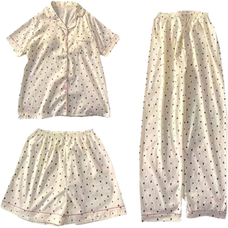 顶瓜瓜 夏季女透气舒适休闲短袖三件套家居服睡衣套装 女款