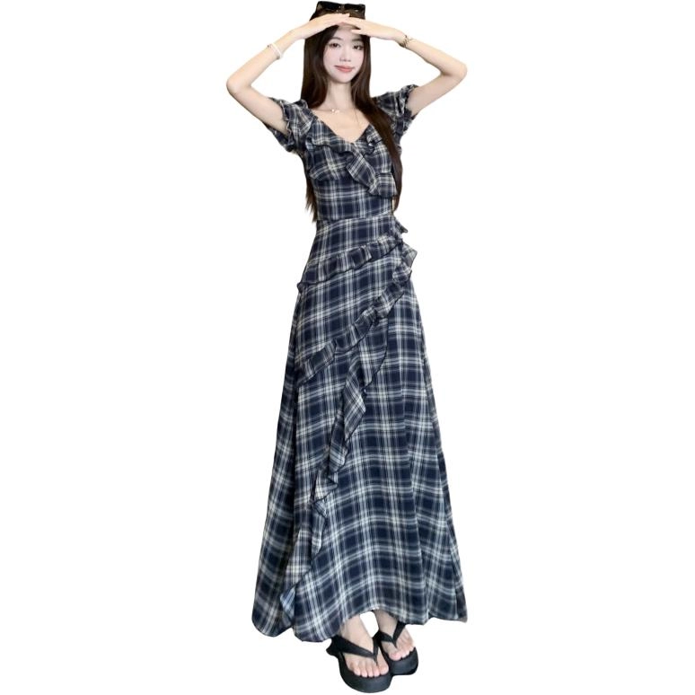 缪斯的诱惑 版型巨显瘦夏日强推格子露肩大码短袖连衣裙 女款