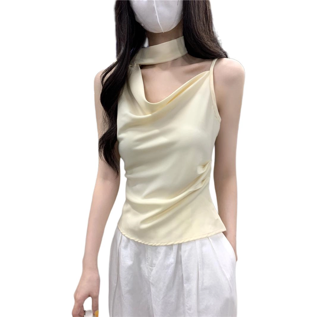缪斯的诱惑 设计感斜肩荡领挂脖飘带女夏季气质时尚修身短款上衣吊带 女款