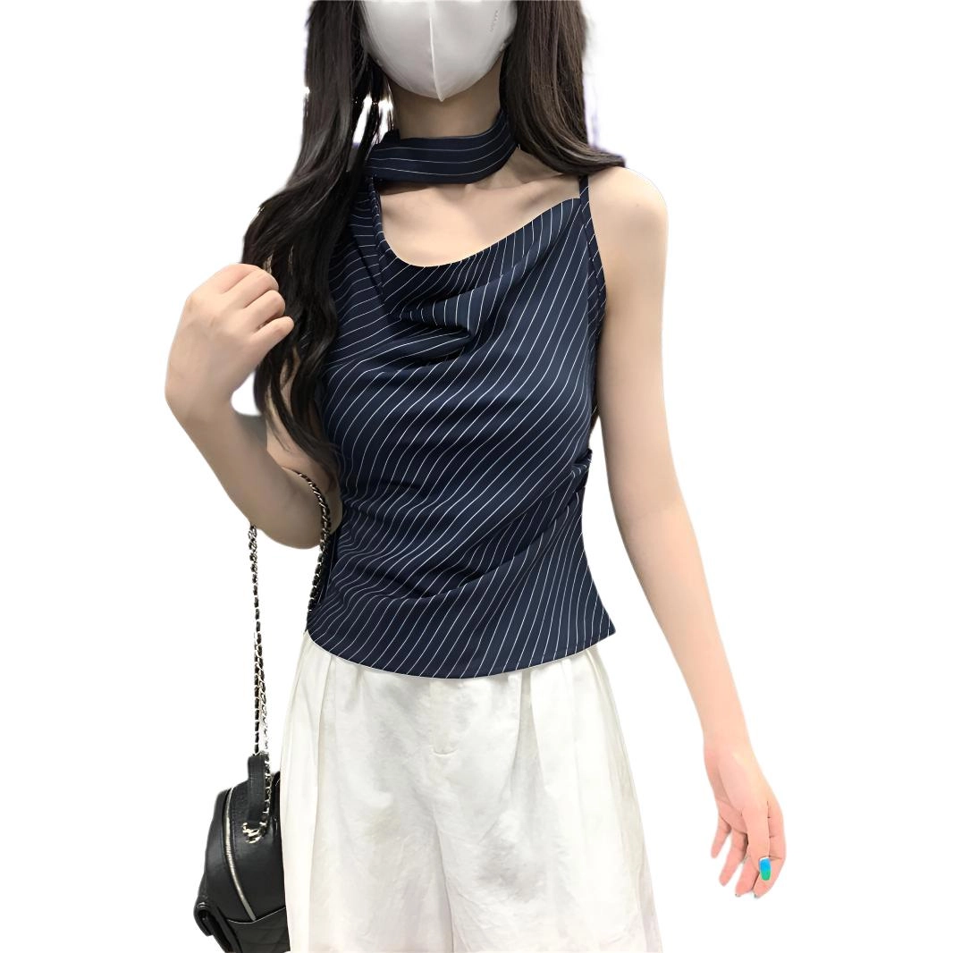 缪斯的诱惑 设计感斜肩荡领挂脖飘带女夏季气质时尚修身短款上衣吊带 女款