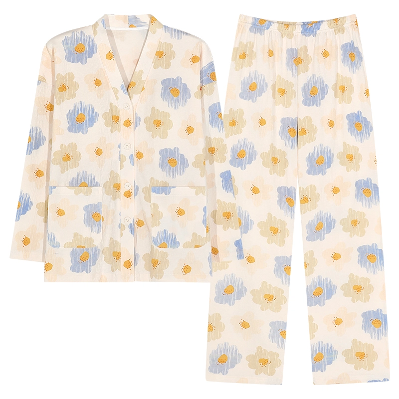 芬腾可安 春秋亲肤可外穿和服领开衫带胸垫一体式家居服睡衣套装 女款