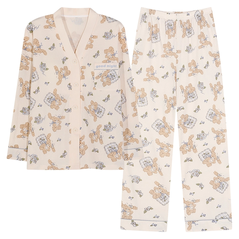 芬腾可安 春秋亲肤可外穿带胸垫和服领开衫一体式家居服睡衣套装 女款