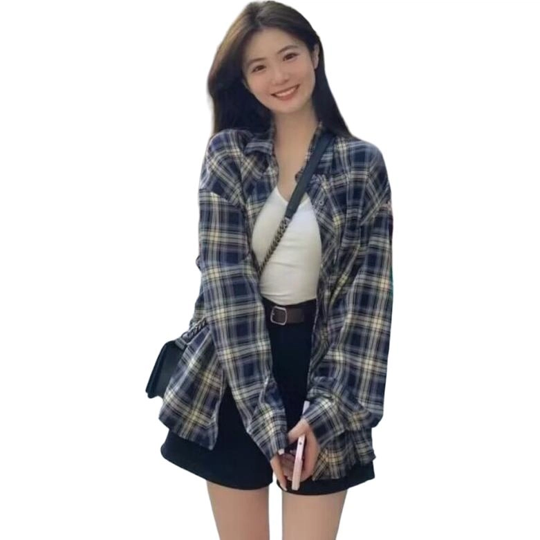 颂希尔 复古美式慵懒宽松休闲防晒翻领格子长袖衬衫 男女同款