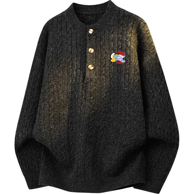 蓝精灵 韩系简约舒适粗线亨利领慵懒麻花针织内搭打底老钱风拆卸卡通动漫别针胸针柔软百搭长袖毛衣 男女同款