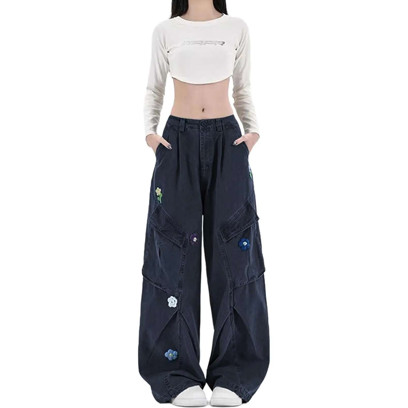 水中花 复古多口袋百搭工装裤时尚牛仔裤 女款