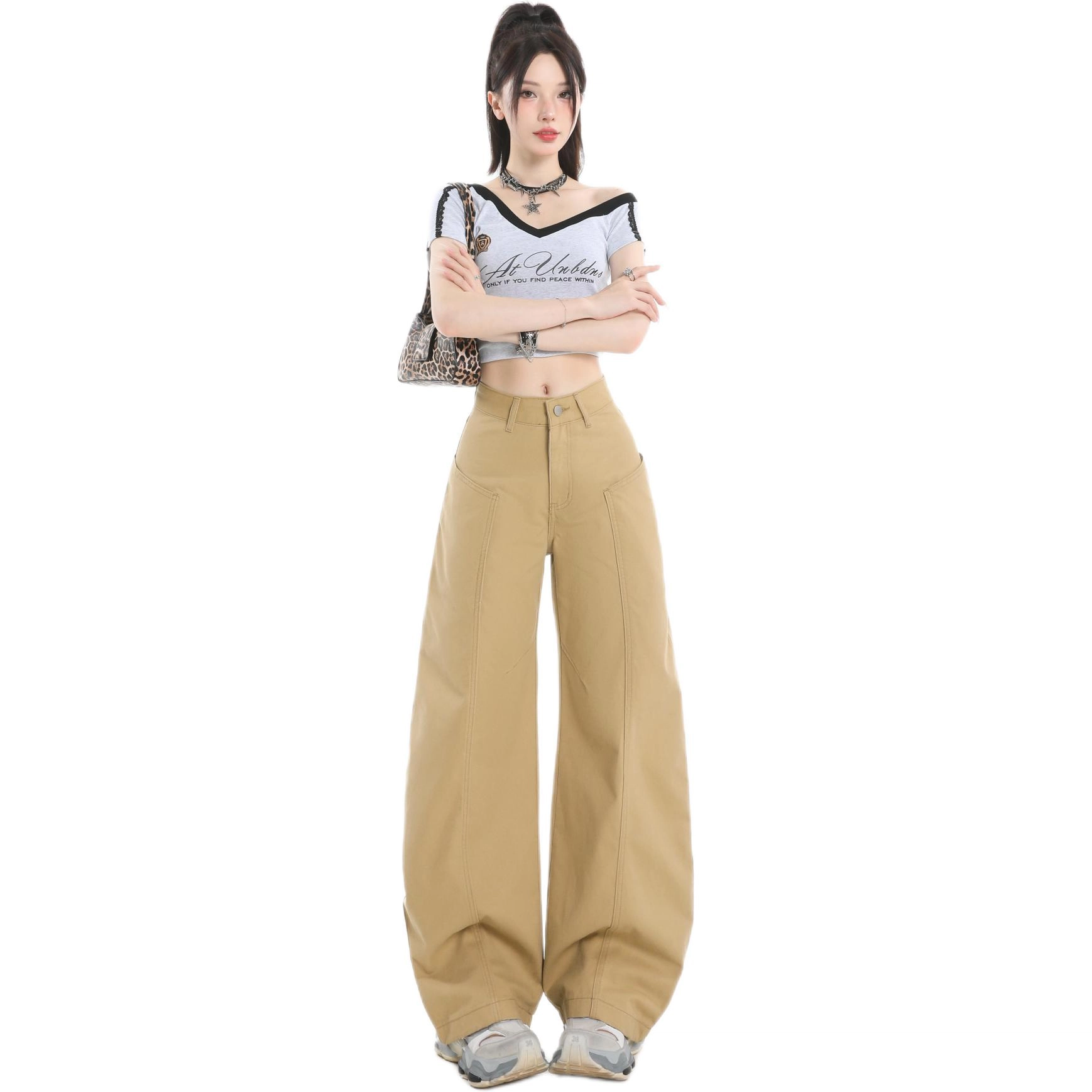 玫丝朵 美式复古高腰宽松弯刀直筒百搭阔腿牛仔裤 女款