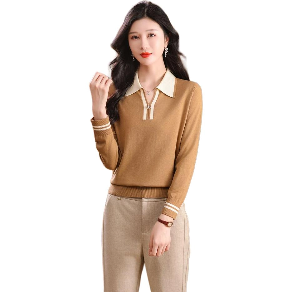 恒源祥 通勤气质拼接撞色翻领高级感显瘦百搭长袖针织衫 女款