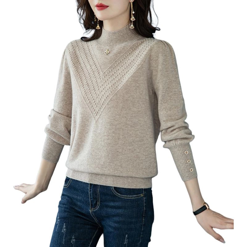 恒源祥 简约时尚百搭半高领纯色套头长袖羊毛针织衫 女款