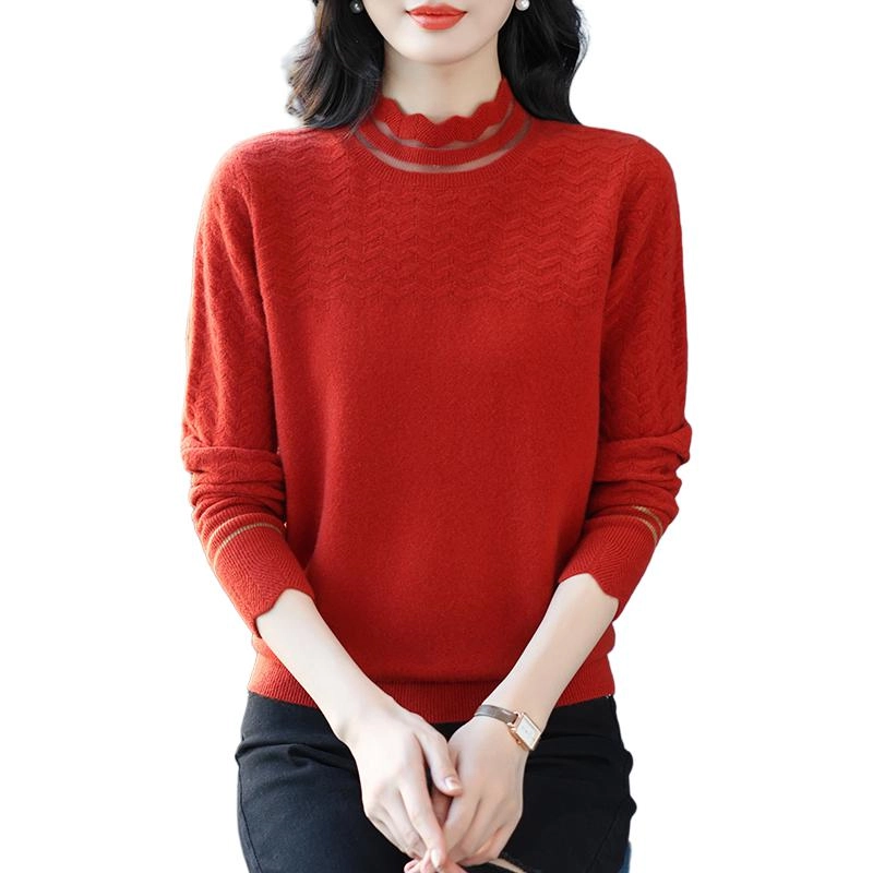 恒源祥 气质百搭显瘦纯色花边半高领羊毛打底针织衫 女款