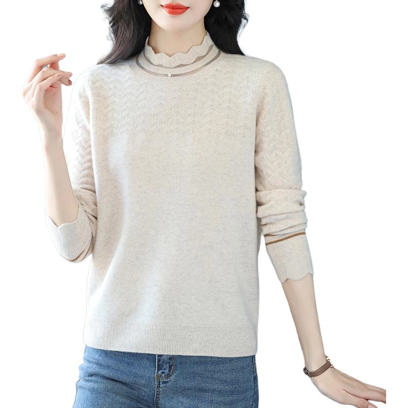 恒源祥 气质百搭显瘦纯色花边半高领羊毛打底针织衫 女款
