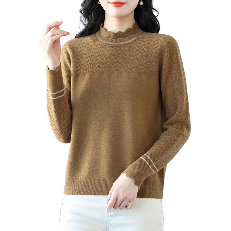 恒源祥 气质百搭显瘦纯色花边半高领羊毛打底针织衫 女款