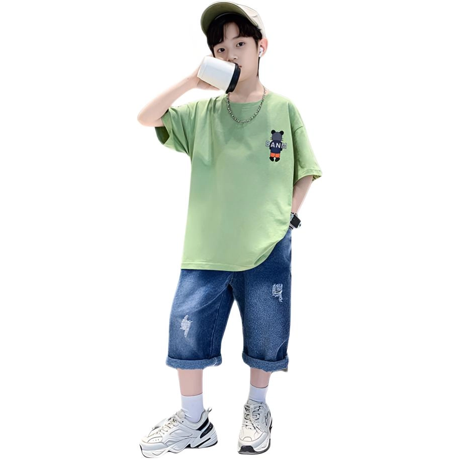 天才小熊休闲运动套装  男童夏季卡通小熊短袖牛仔裤大童潮牌小孩衣服 小男孩洋气时髦 舒适帅气轻便