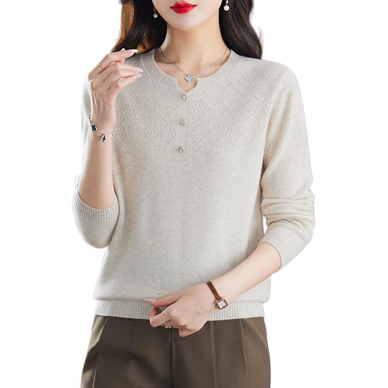 恒源祥 纯色百搭质感菱形纹路圆领羊毛打底针织衫 女款