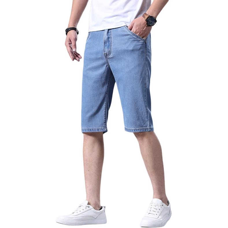 羽浅 夏季薄款莱赛尔天丝五分裤商务休闲直筒中裤时尚弹力修身舒适百搭牛仔短裤 男款