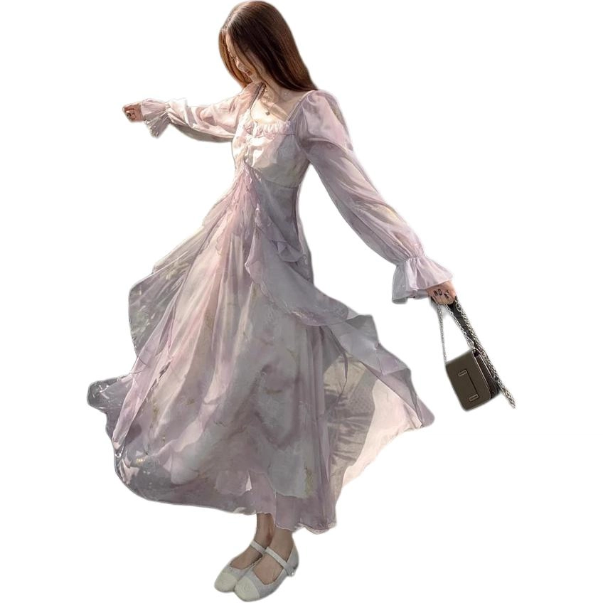 邓大喵 晕染仙气烫金荷叶边春长袖连衣裙 女款