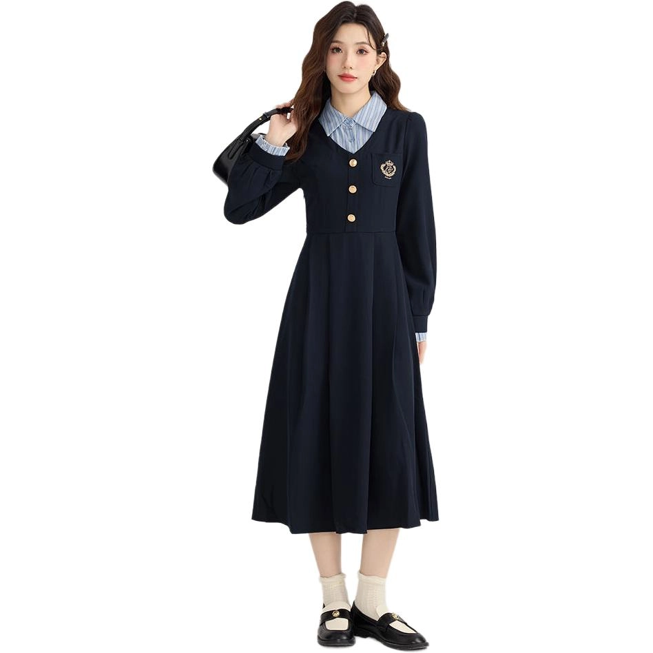 邓大喵 学院风拼接假两件女春季秋季法式高级感收腰显瘦精致长裙子连衣裙 女款