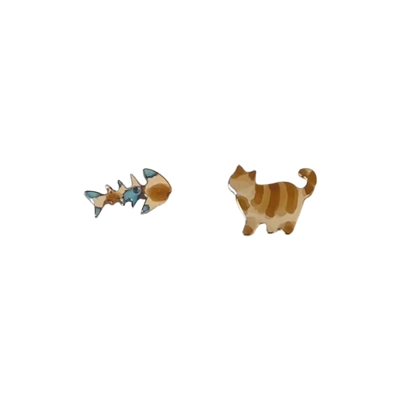 华髻 成为你的小猫 可爱猫咪小鱼 复古不对称小众设计高级感 合金 耳钉 女款