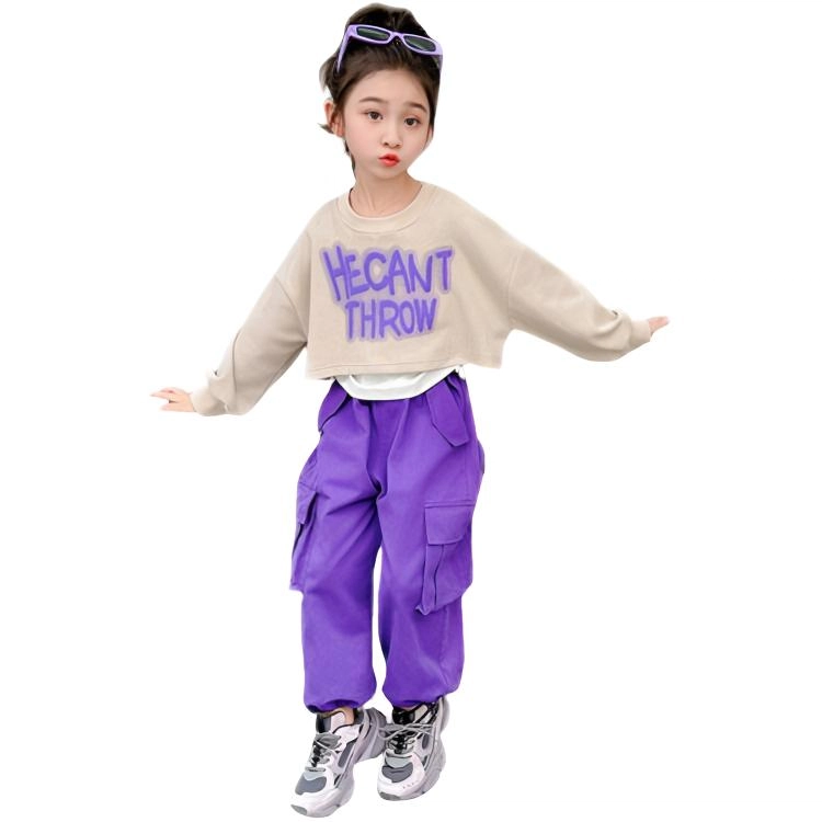 比比我休闲运动套装  女童春秋季字母工装裤大童潮牌小孩衣服 小女孩短袖洋气时髦 舒适帅气轻便