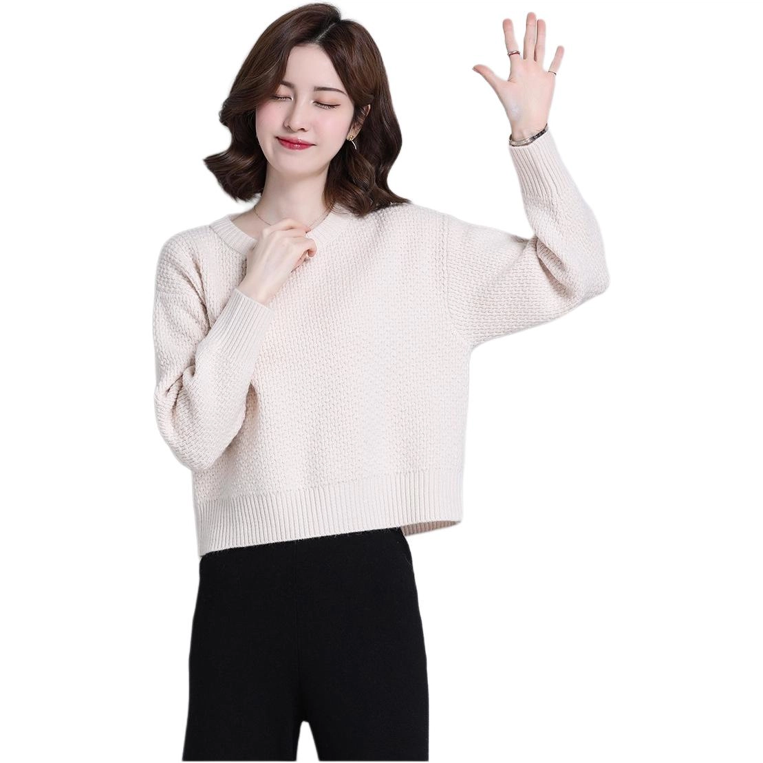 恒源祥 时尚气质百搭洋气长袖女纯色圆领显瘦上衣针织衫 女款