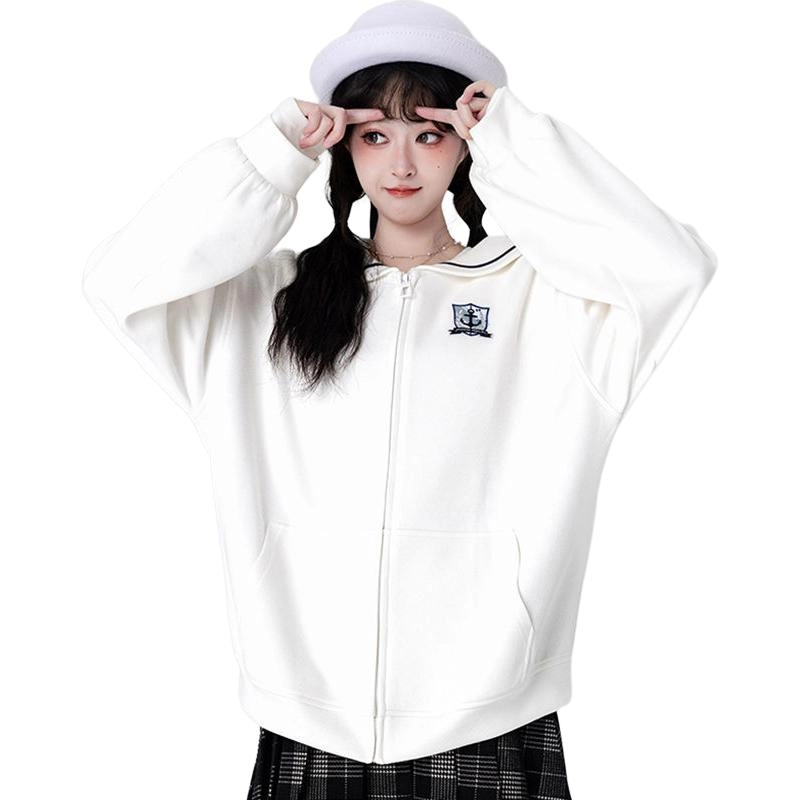 邓大喵 学院风外套女春秋甜美小个子水手领刺绣拉链开衫卫衣 女款