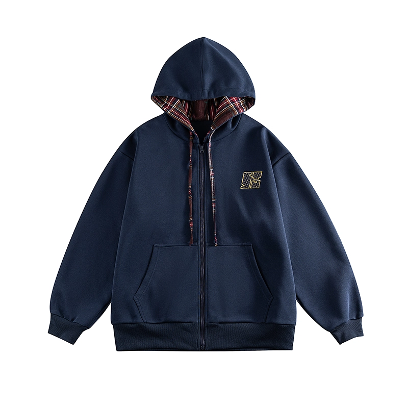 永言 复古潮牌格子连帽衣服宽松情侣百搭休闲风格帽衫外套卫衣 男女同款