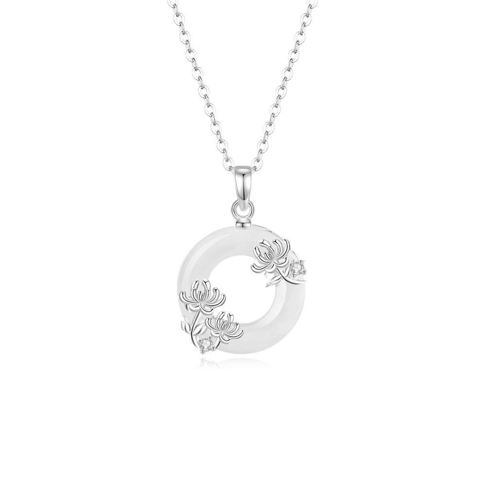 珍·如金 中国黄金 十二花神平安扣 岁岁平安莲花牡丹好运莲莲简约天然 玉髓 项链 女款