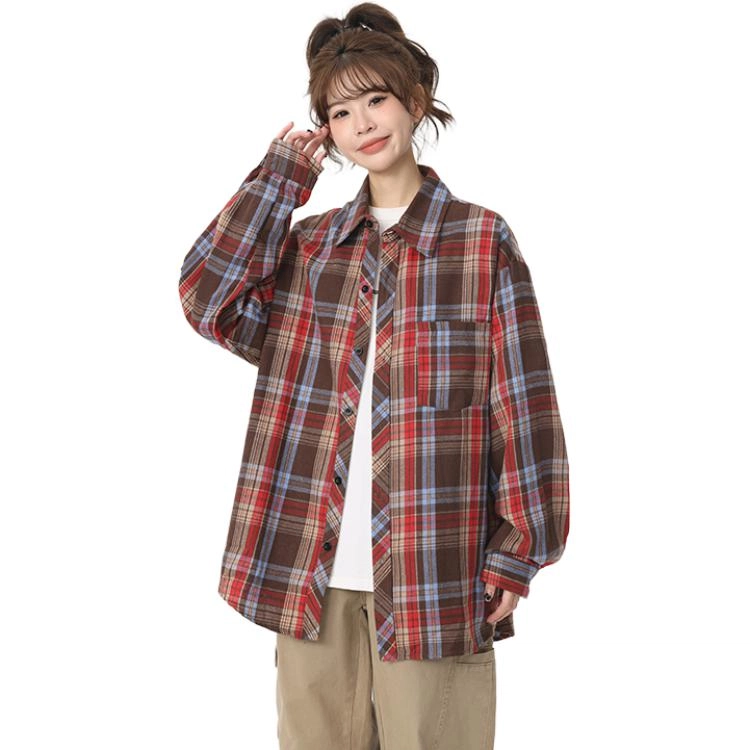 羽浅 潮牌复古休闲格子外套春秋季潮流情侣装宽松百搭衣服时尚翻领上衣长袖衬衫 男女同款