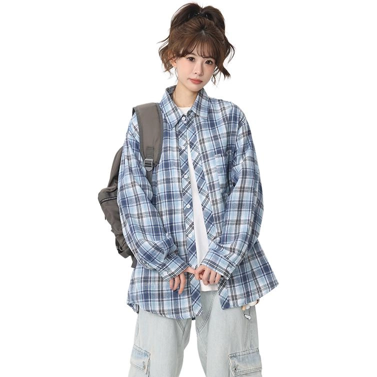 羽浅 潮牌复古休闲格子外套春秋季潮流情侣装宽松百搭衣服时尚翻领上衣长袖衬衫 男女同款
