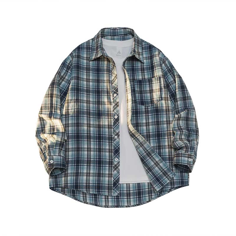 羽浅 潮牌复古休闲格子外套春秋季潮流情侣装宽松百搭衣服时尚翻领上衣长袖衬衫 男女同款