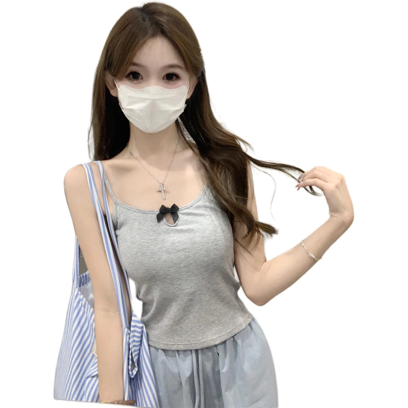 水中花 秋季韩系修身镂空蝴蝶结含胸垫短款百搭背心吊带 女款