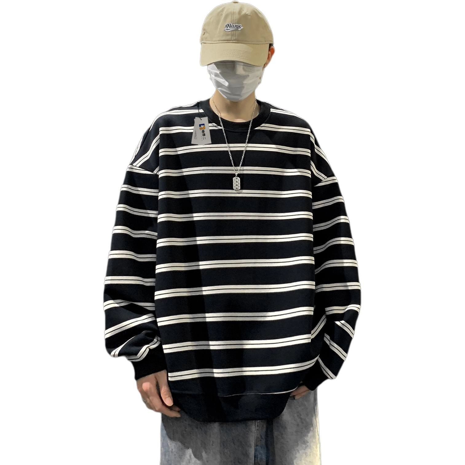 地界二 日系复古基础条纹男春秋季潮牌青少年宽松休闲百搭套头上衣条纹宽松休闲卫衣 男款