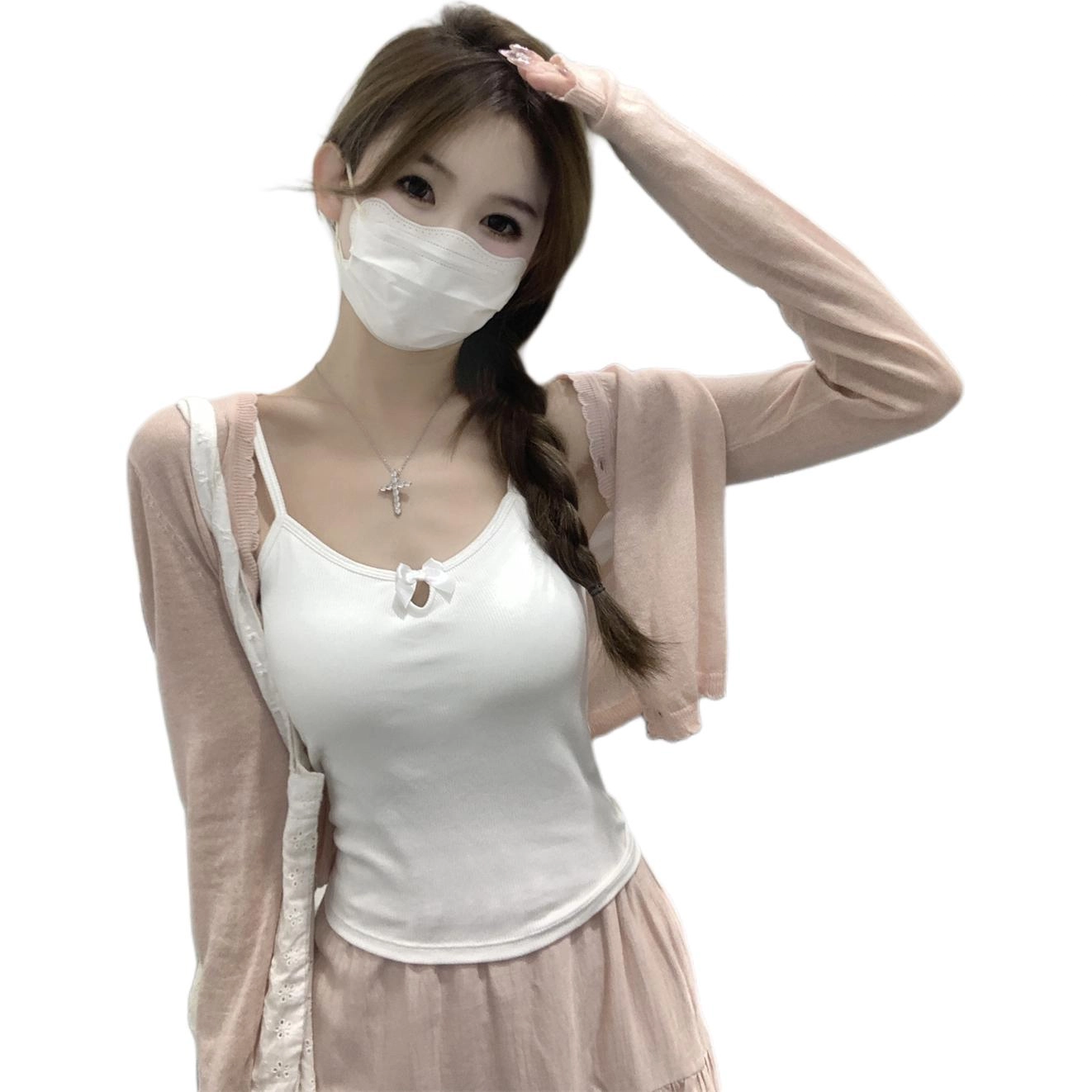 水中花 秋季韩系修身镂空蝴蝶结含胸垫短款百搭背心吊带 女款
