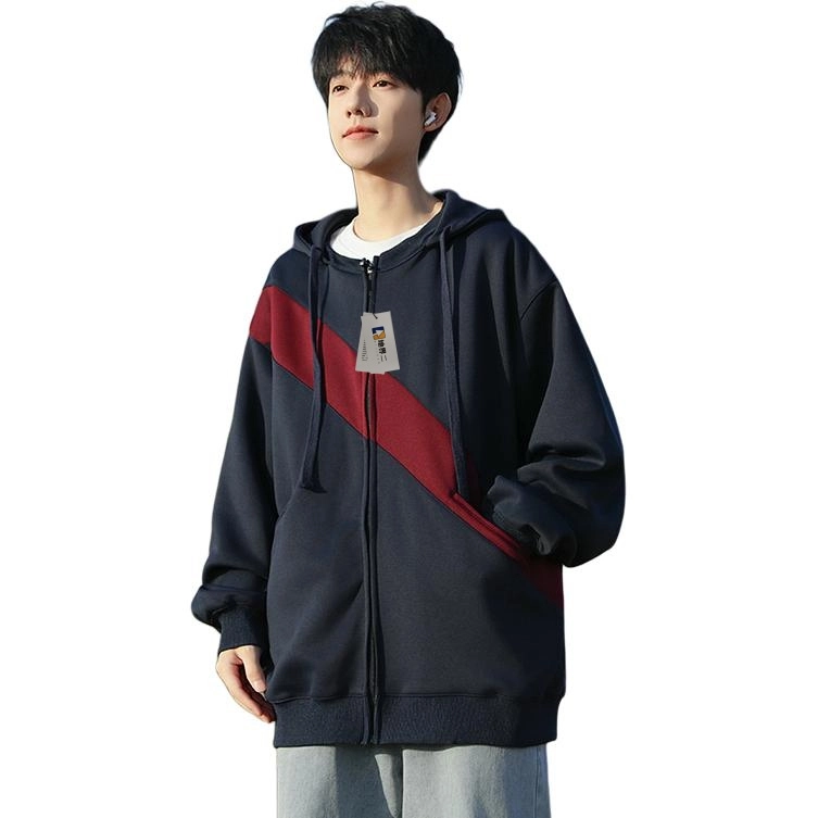 地界二 撞色条纹连帽开衫卫衣男生日系复古宽松青少年休闲运动外套夹克 男款