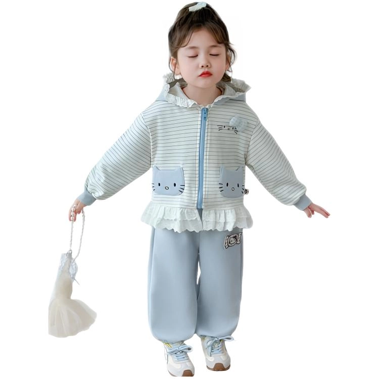 比比我休闲运动套装  女童春秋季大童潮牌猫咪花边小孩衣服 小女孩长袖洋气时髦 舒适帅气轻便