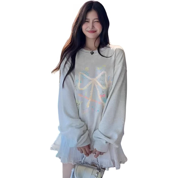 邓大喵 美式复古卡通圆领女春秋设计感小众慵懒宽松上衣加绒加厚外套卫衣 女款