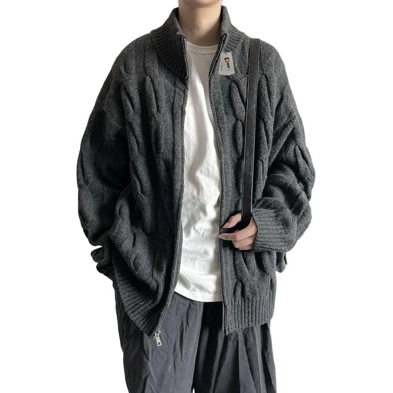 地界二 美式复麻花拉链开衫男潮牌宽松休闲慵懒外套麻花拉链纯色常规青春活力风针织衫 男款