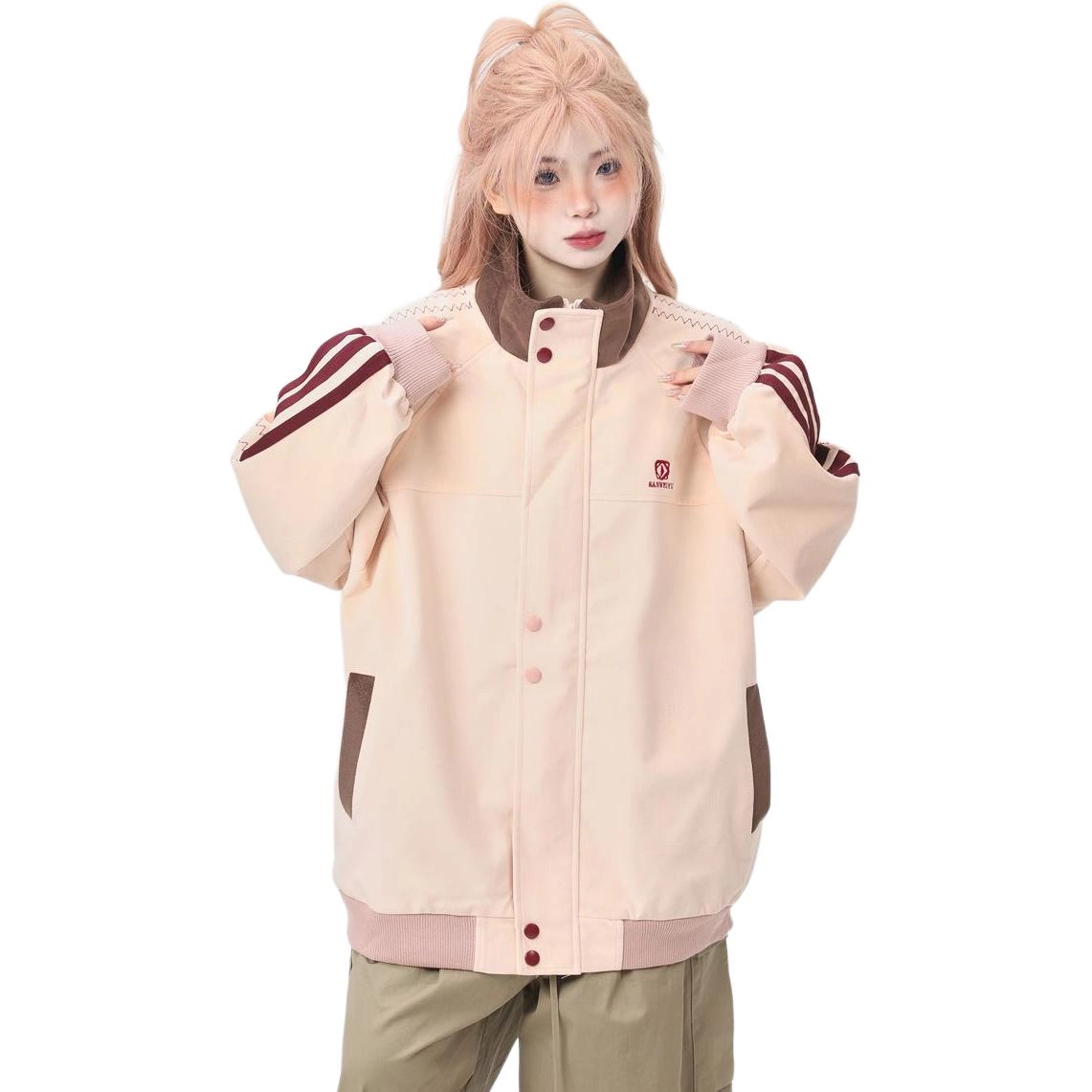 邓大喵 美式复古个性宽松拼服外套男女春秋刺绣立领夹克上衣潮棒球服 女款