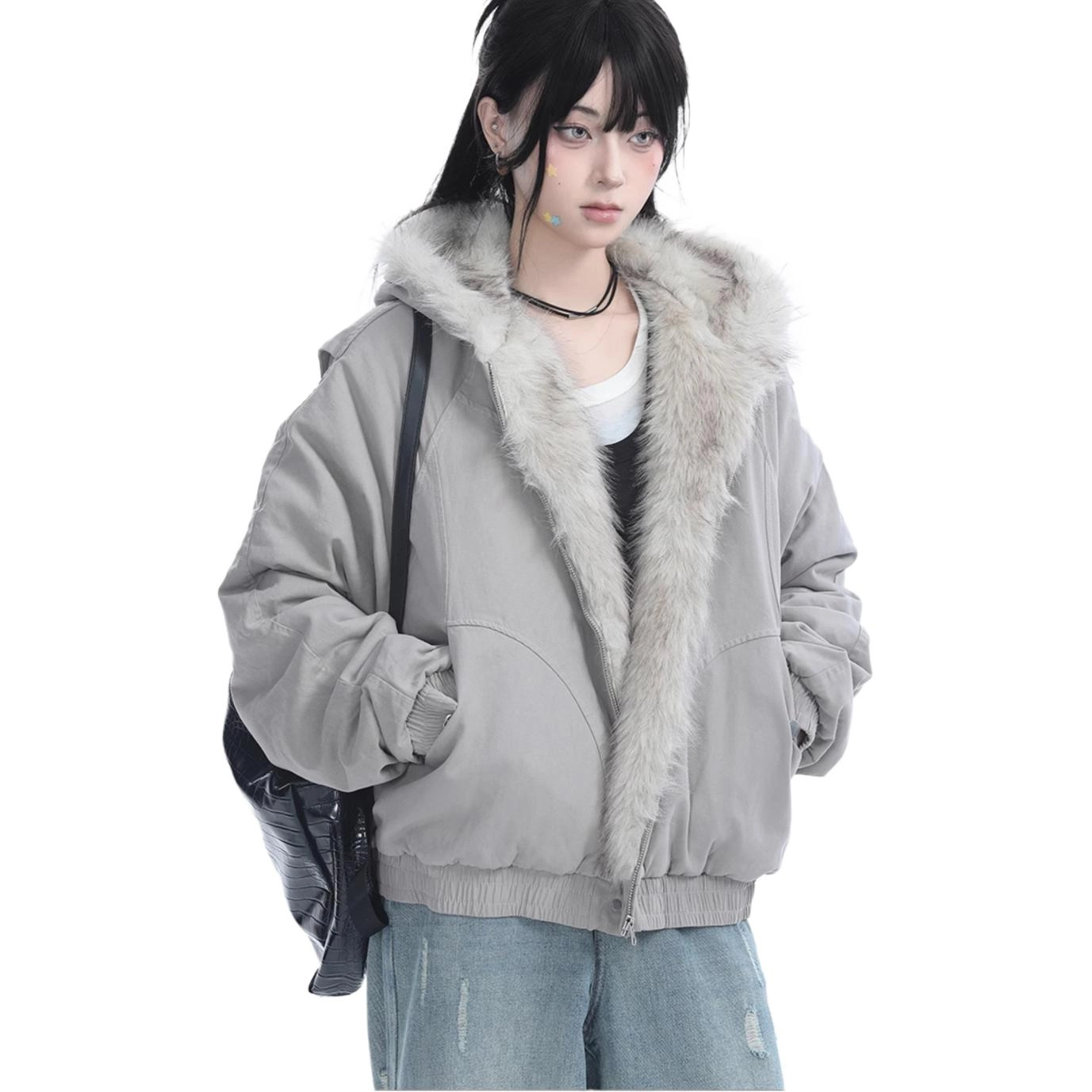 邓大喵 美式复古加棉加厚毛领连帽外套女冬季高级感毛绒棉衣棉服 女款