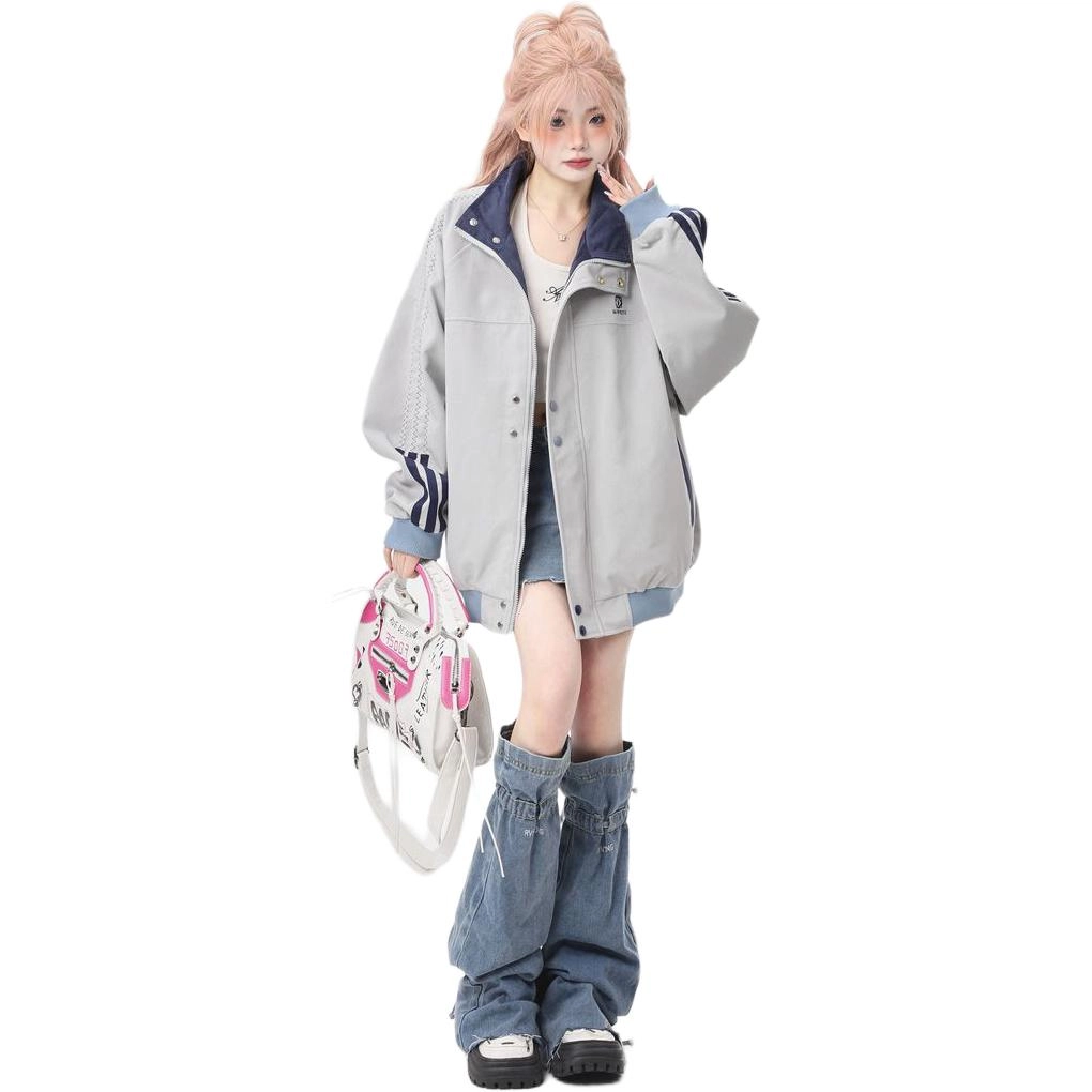邓大喵 美式复古个性宽松拼服外套男女春秋刺绣立领夹克上衣潮棒球服 女款