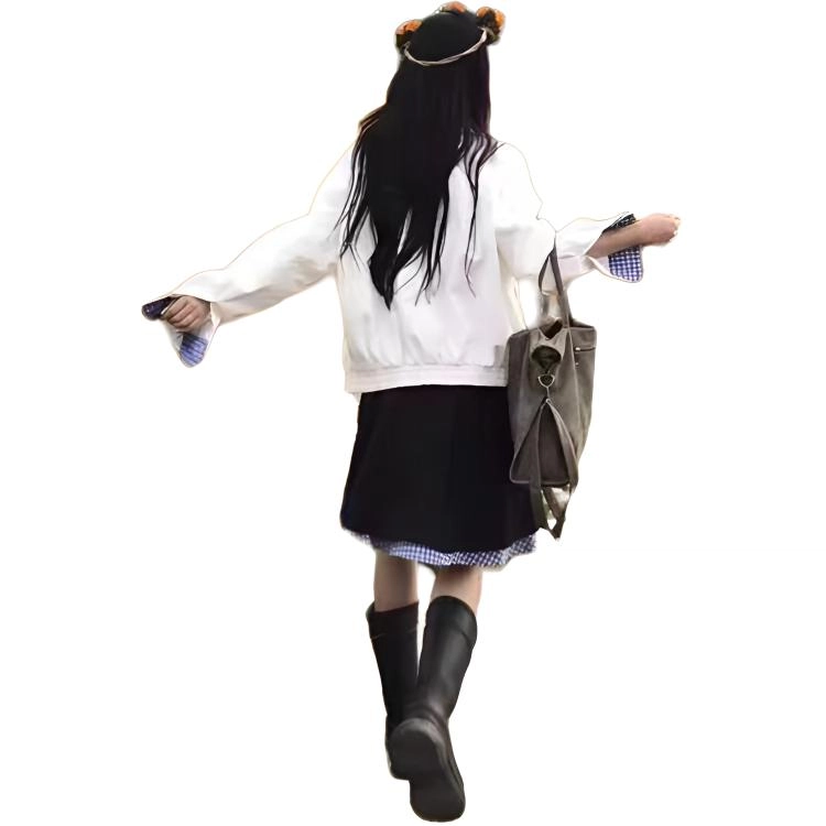 邓大喵 美式复古拼接格子假两件翻领外套女春秋宽松休闲夹克 女款