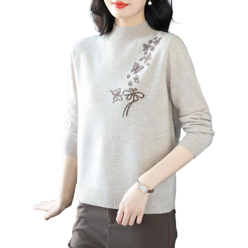 袋鼠 简约时尚宽松半高领纯色蝴蝶绣花质感羊毛针织衫 女款