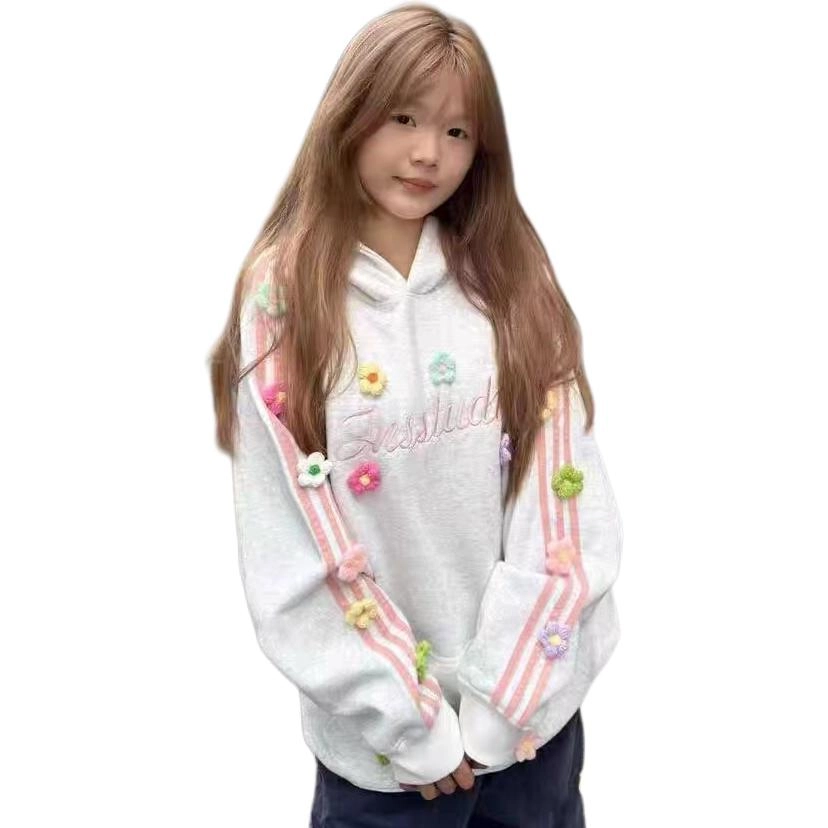 邓大喵 美式复古立体花朵秋冬刺绣春秋宽松设计百搭甜美连帽外套上衣卫衣 女款