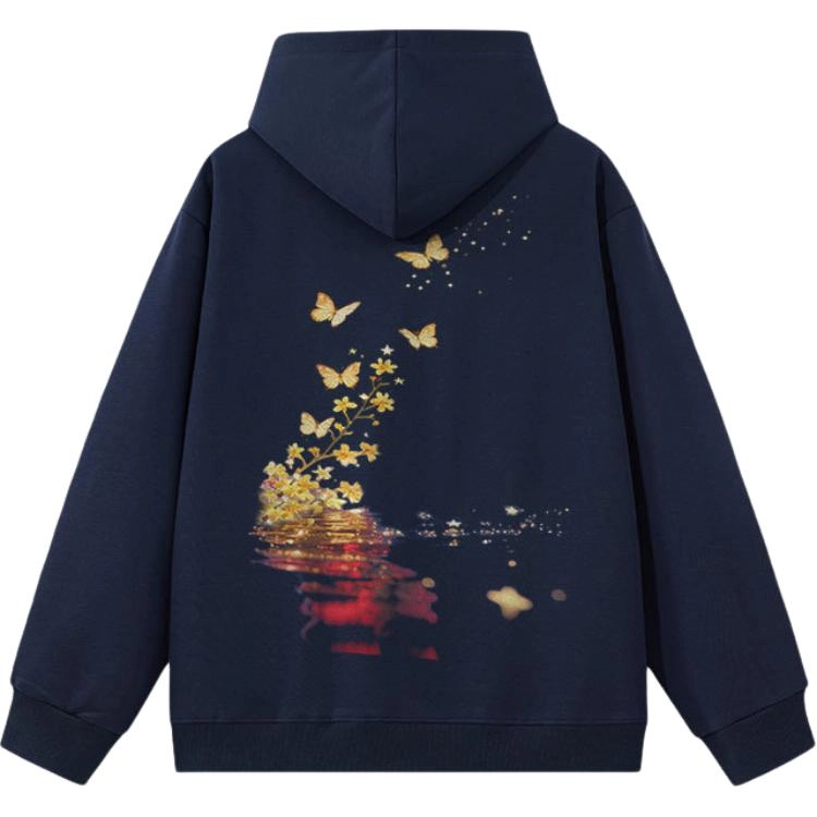 金贝勒 美式高街潮流水中倒影蝴蝶花卉设计印花加绒加厚宽松日常百搭透气舒适套头连帽卫衣 男女同款