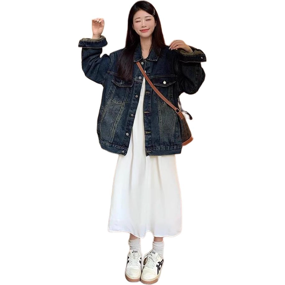 邓大喵 美式水泥灰复古女春秋宽松大码做旧夹克气质长袖上衣牛仔外套 女款