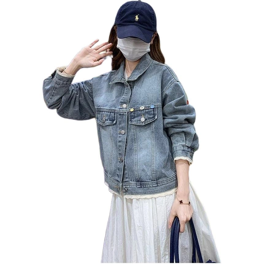 邓大喵 水洗复古蕾丝边女春季韩系小个子减龄百搭夹克潮牛仔外套 女款