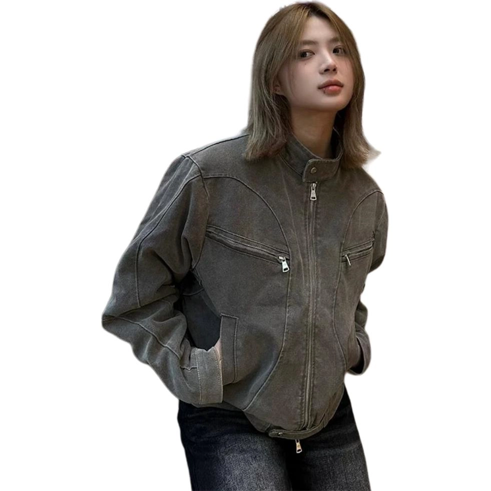 寻星记 美式复古水洗短款立领情侣风哈灵顿夹克牛仔外套 男女同款
