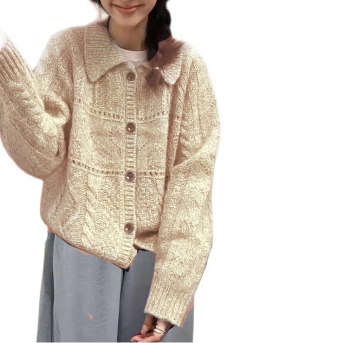 水中花 纯色宽松适中翻领长袖针织衫 女款