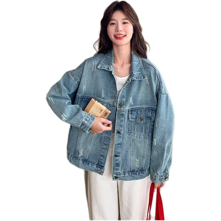 邓大喵 磨破做旧春季甜酷风简约宽松廓形上衣牛仔外套 女款