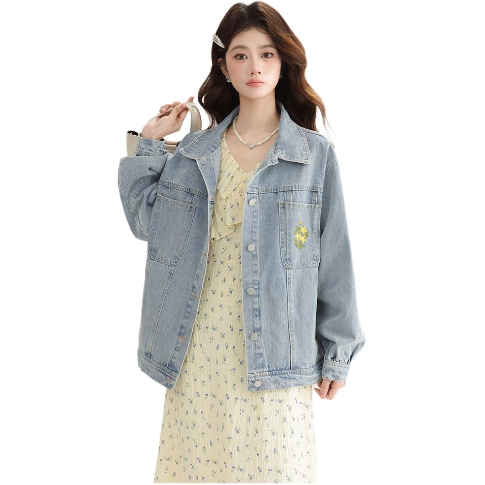 邓大喵 瑰朵浅色刺绣长袖女春秋小众设计感宽松上衣夹克牛仔外套 女款