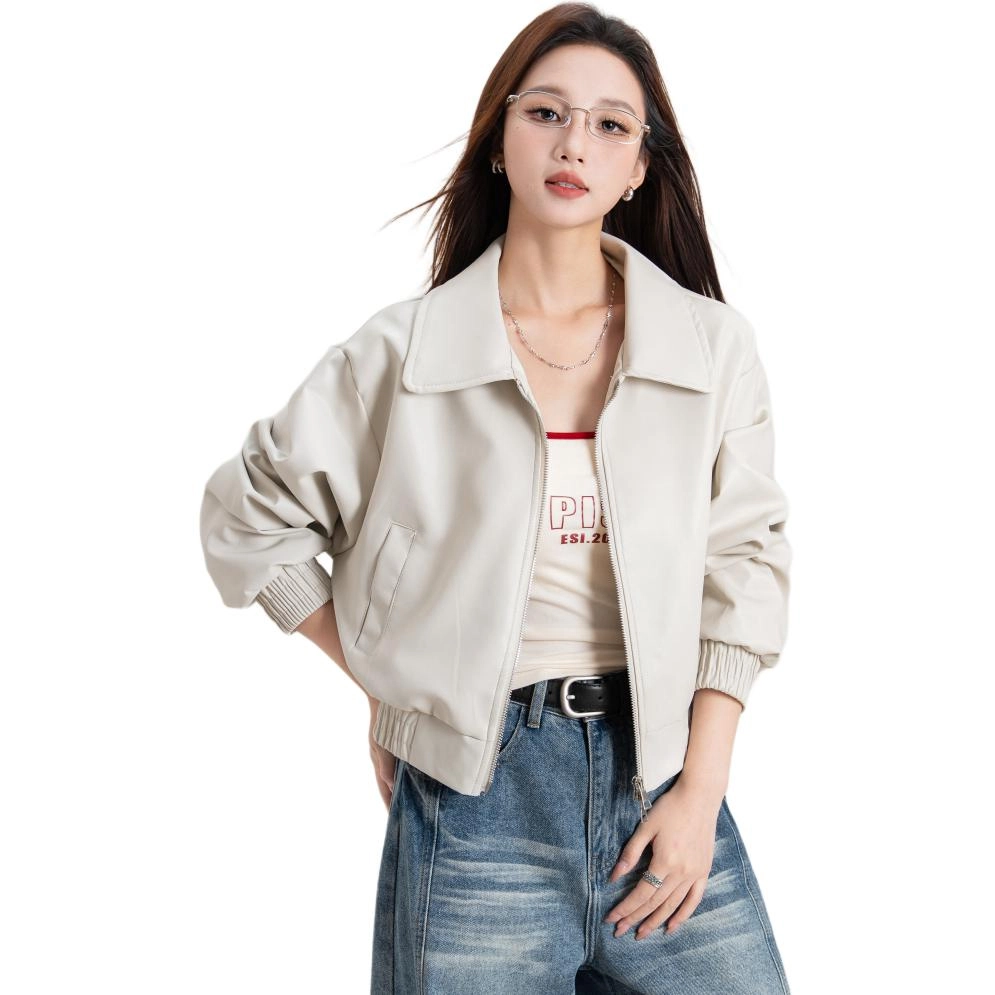梨九九 外套女爆款设计感机车短款棒球服夹克皮衣 女款